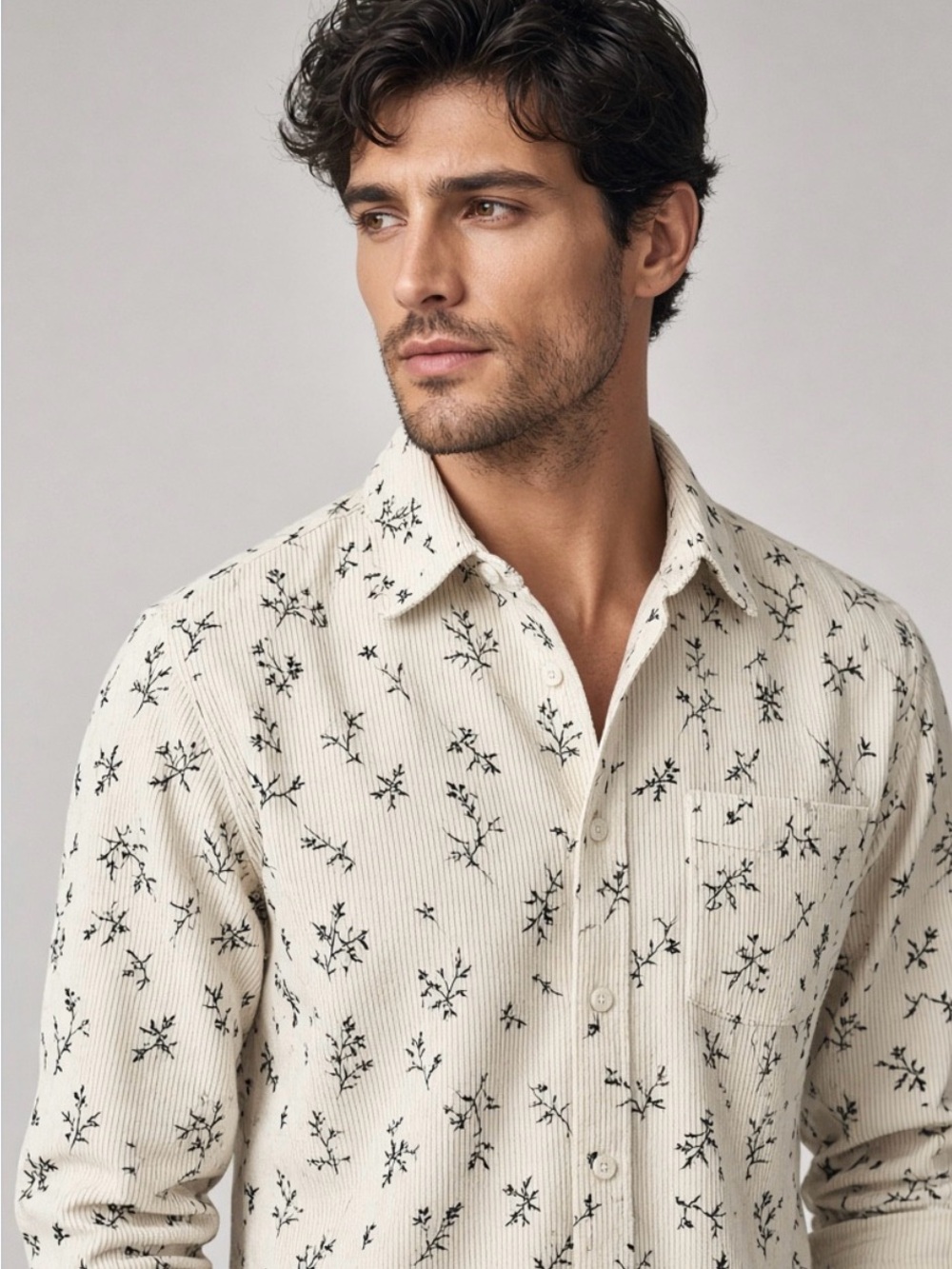Men's Cream Floral Print Corduroy Long-Sleeve Dress Shirt